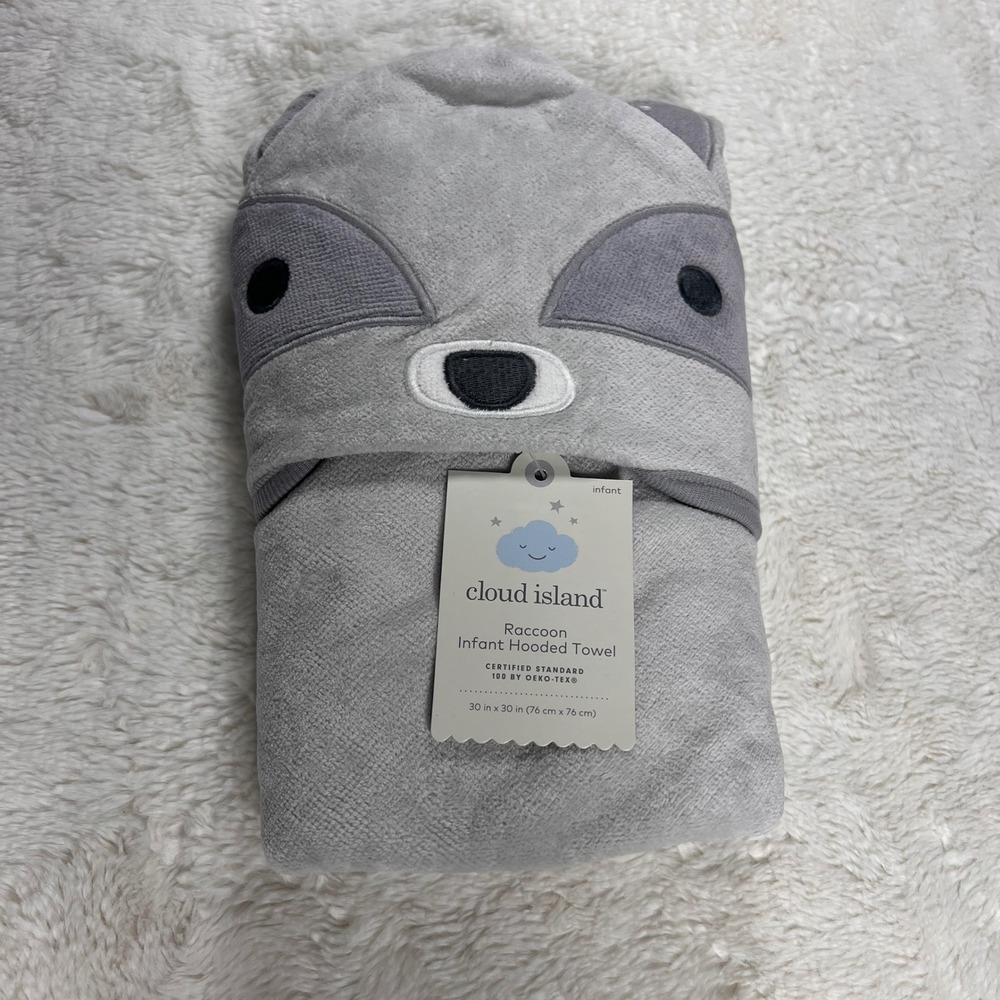 Cloud Island Raccoon Infant Hooded Towel Gray Soft Plush Baby Bath Time NWT